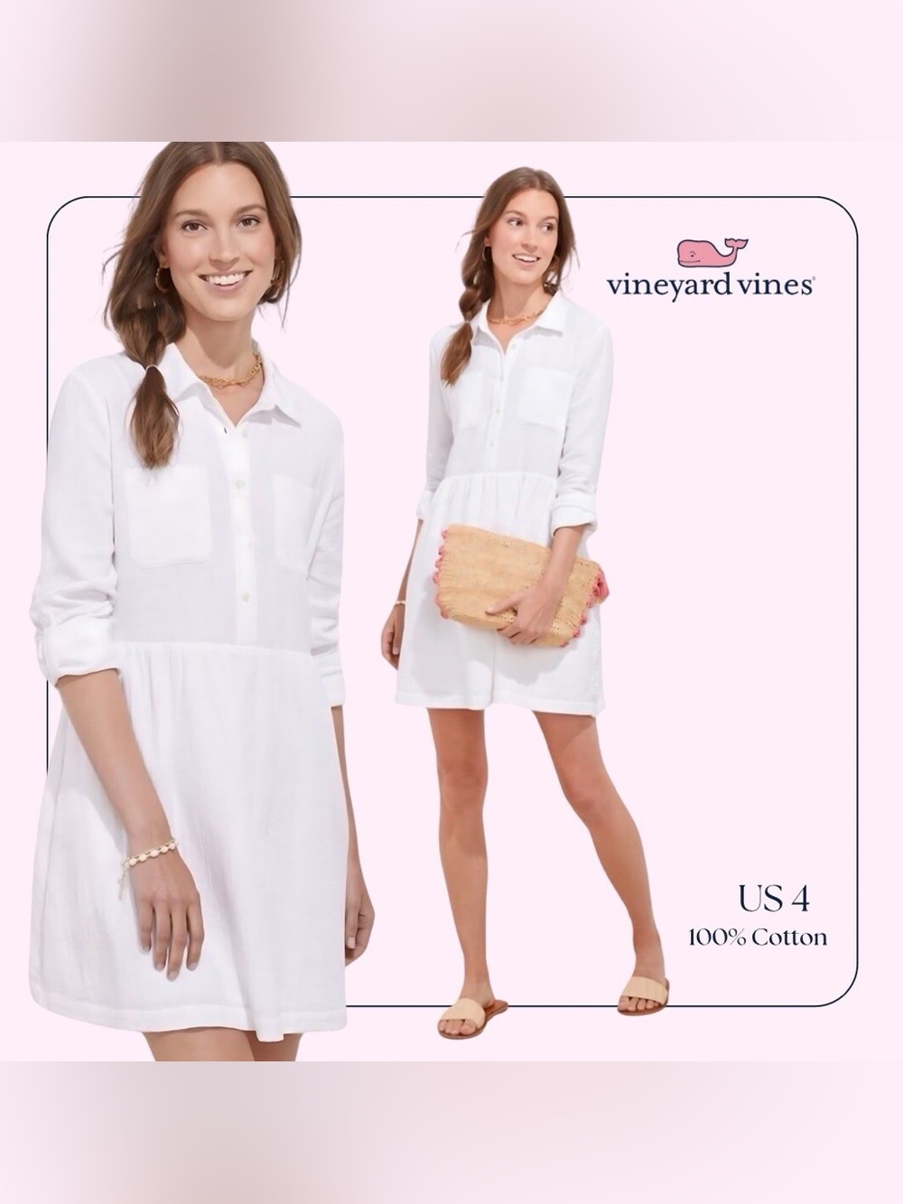 Vinyard Vines 100% Corton Shirt Drop Waist Summer Dress White Size US4